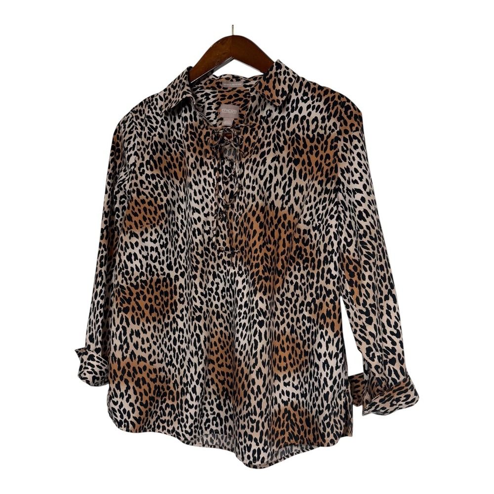 Chicos Leopard Print Lace Up Blouse Wrinkle Resistant Cotton Top Size 1 Medium